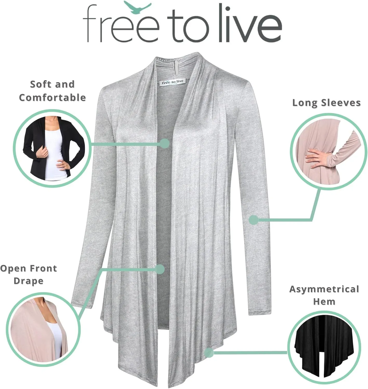 Free to Live 3 Pack Long Sleeve Cardigan for Women Open Front Dressy Casual Fall Draped Lightweight Sweaters Cover Up Shrugs