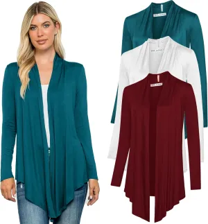 Free to Live 3 Pack Long Sleeve Cardigan for Women Open Front Dressy Casual Fall Draped Lightweight Sweaters Cover Up Shrugs