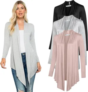 Free to Live 3 Pack Long Sleeve Cardigan for Women Open Front Dressy Casual Fall Draped Lightweight Sweaters Cover Up Shrugs