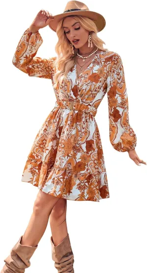 Geleglaer Women's V Neck Long Sleeve Floral Print Elatic Waist Mini Dress Casual A Line Short Chiffon Dress