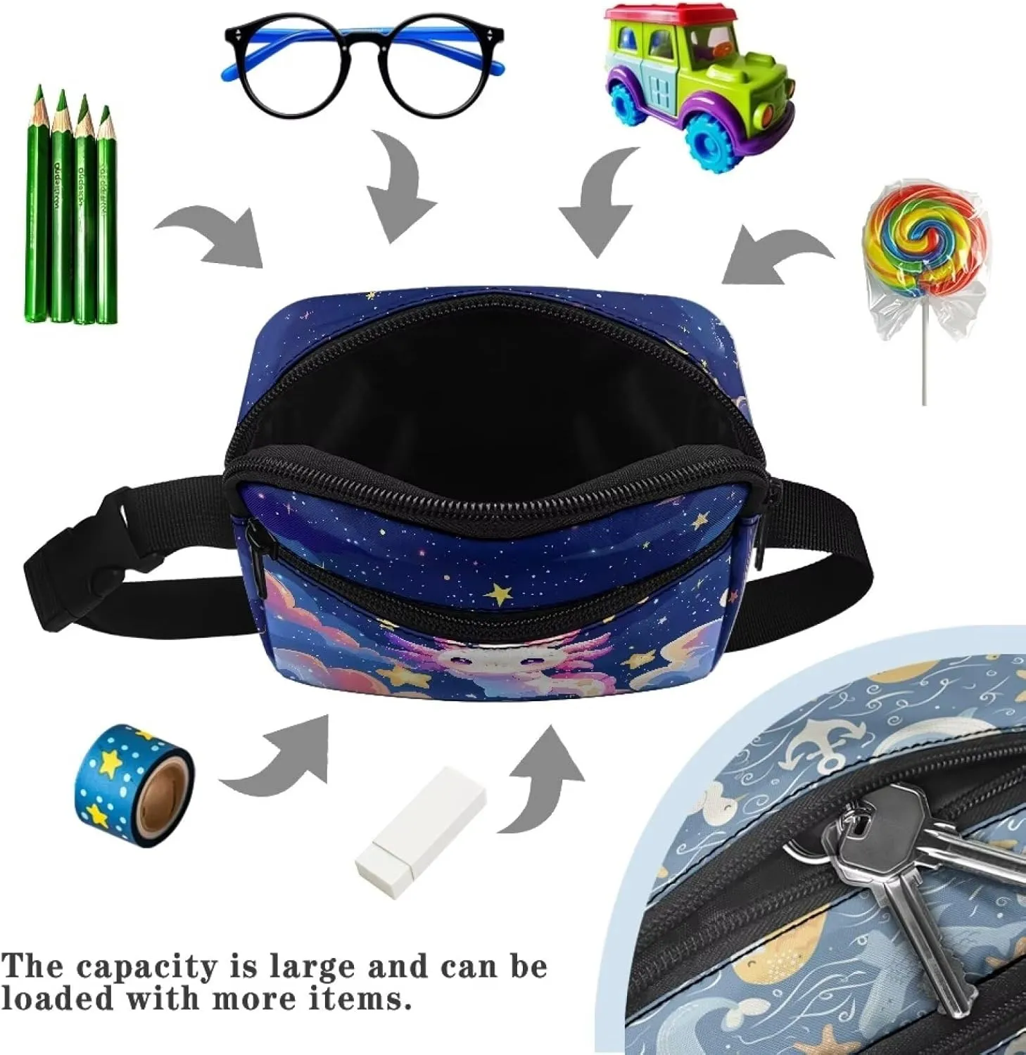 GIFTPUZZ Axolotl Fanny Pack for Kids Polyester Crossbody Waist Bag for Unisex Toddler Boys Girls Cute Waist Pack Purple Funny Pack Kids Gift