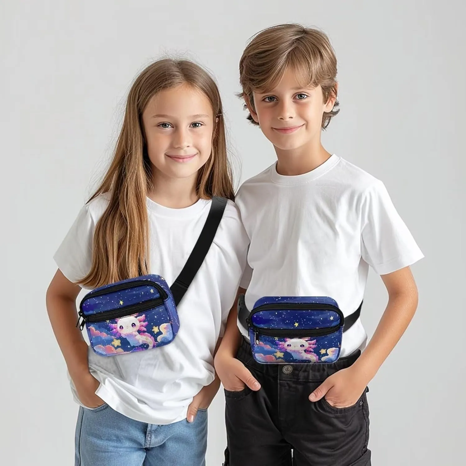 GIFTPUZZ Axolotl Fanny Pack for Kids Polyester Crossbody Waist Bag for Unisex Toddler Boys Girls Cute Waist Pack Purple Funny Pack Kids Gift
