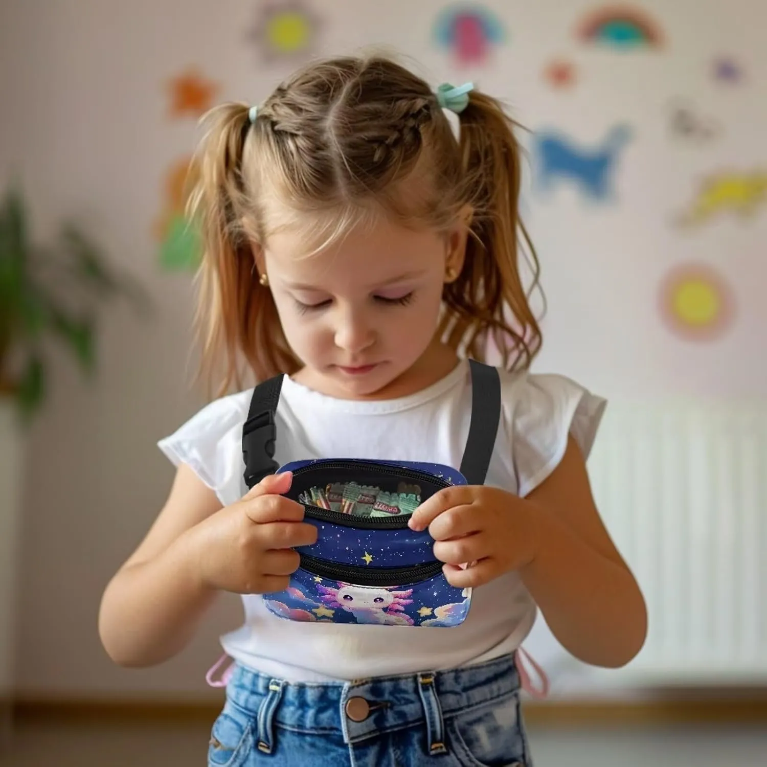 GIFTPUZZ Axolotl Fanny Pack for Kids Polyester Crossbody Waist Bag for Unisex Toddler Boys Girls Cute Waist Pack Purple Funny Pack Kids Gift