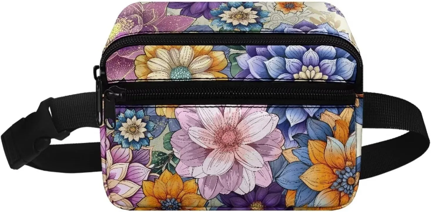 GIFTPUZZ Boho Flower Crossbody Bag Retro Fanny Pack Cute Waist Bag with Two Pockets Kids Fanny Pack for Girls School Travel and Sport