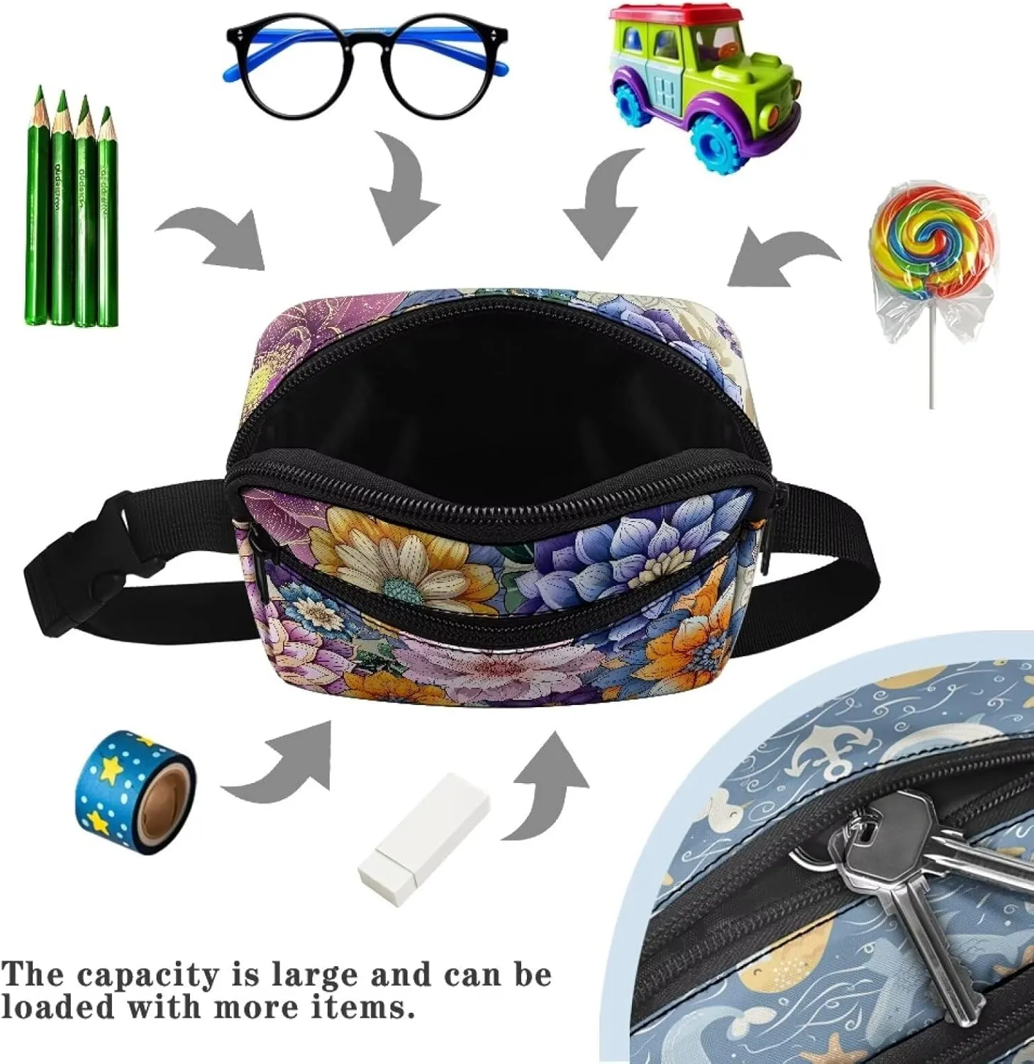 GIFTPUZZ Boho Flower Crossbody Bag Retro Fanny Pack Cute Waist Bag with Two Pockets Kids Fanny Pack for Girls School Travel and Sport
