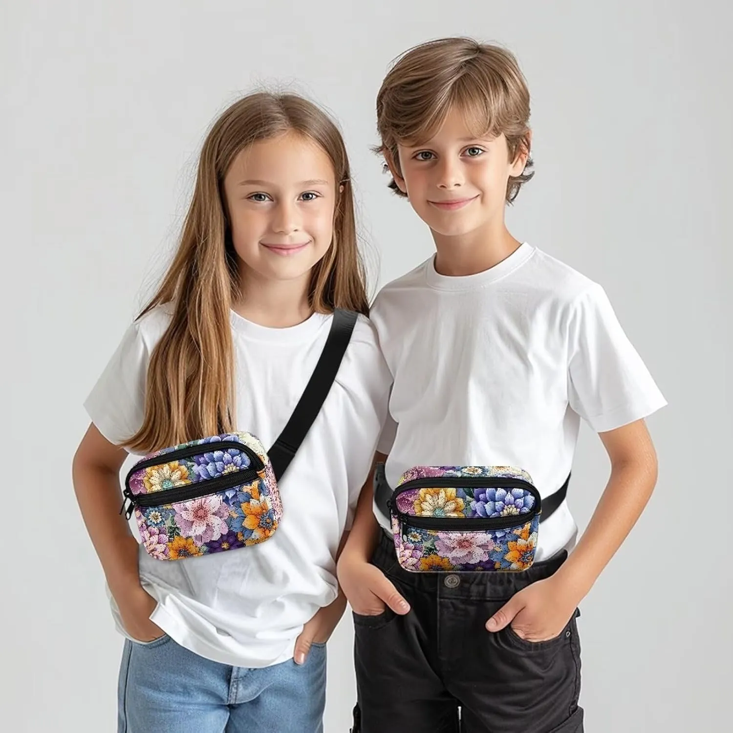 GIFTPUZZ Boho Flower Crossbody Bag Retro Fanny Pack Cute Waist Bag with Two Pockets Kids Fanny Pack for Girls School Travel and Sport