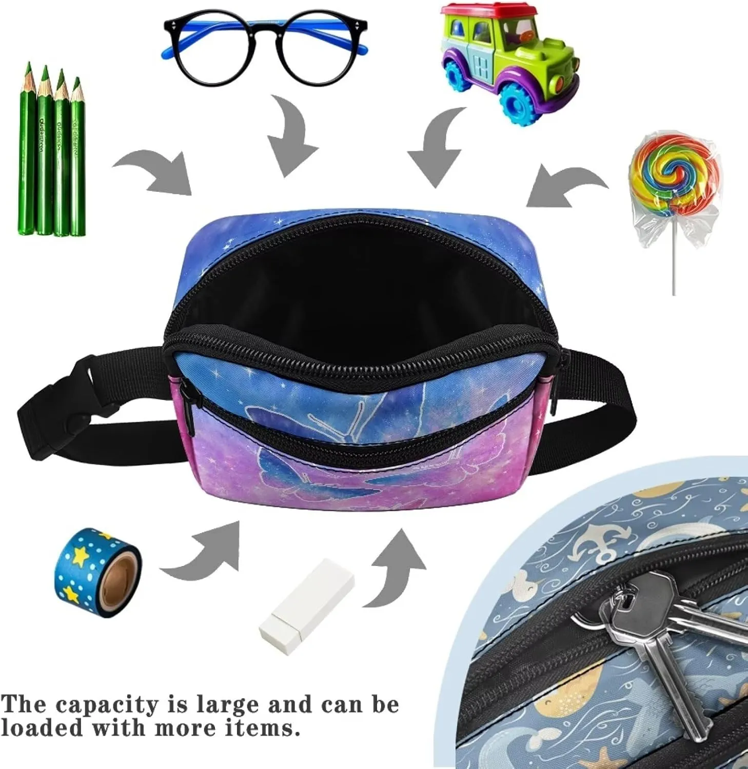 GIFTPUZZ Butterfly Fanny Pack for Kids Girls And Boys Waist Bag Kids Belt Bag With Adjustable Belt for Sport Running Camping Trip Holiday Festival