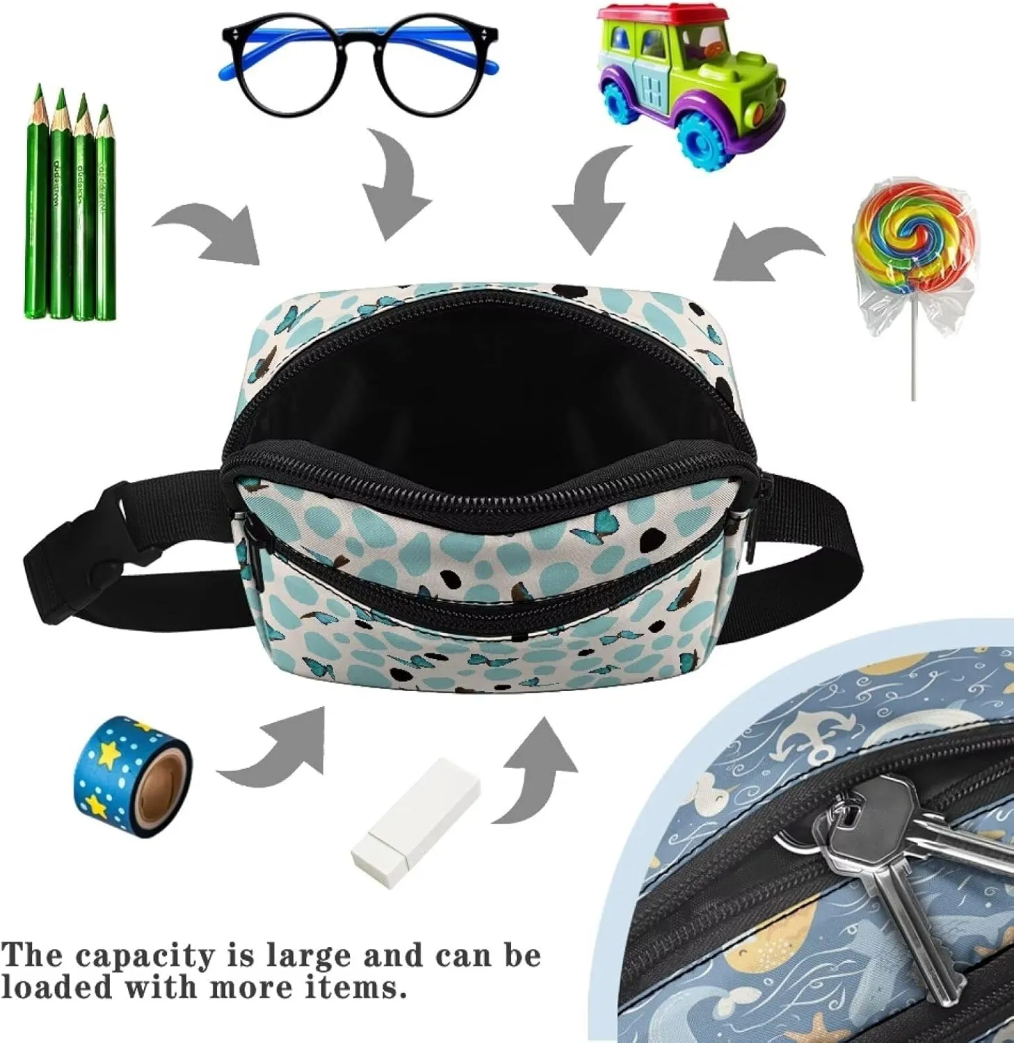 GIFTPUZZ Butterfly Wallet Pouch with Adjustable Belt for Children Sports Running Fanny Pack for Kids Waist Bag Small Hipsack Waist Pack Fanny Phone Wallet
