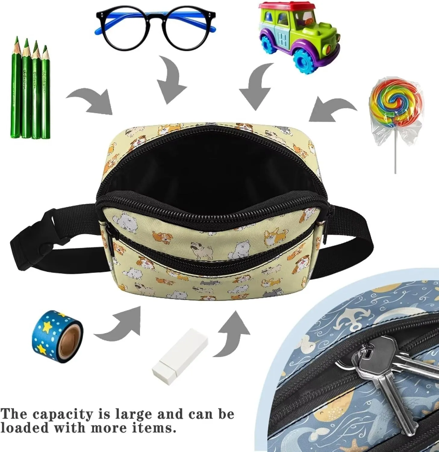 GIFTPUZZ Cute Dogs Kids Waist Packs for Holiday Festival Travel Party Waist Bag anny Pack 2 Pockets Hands Free Belt Bags for Boys