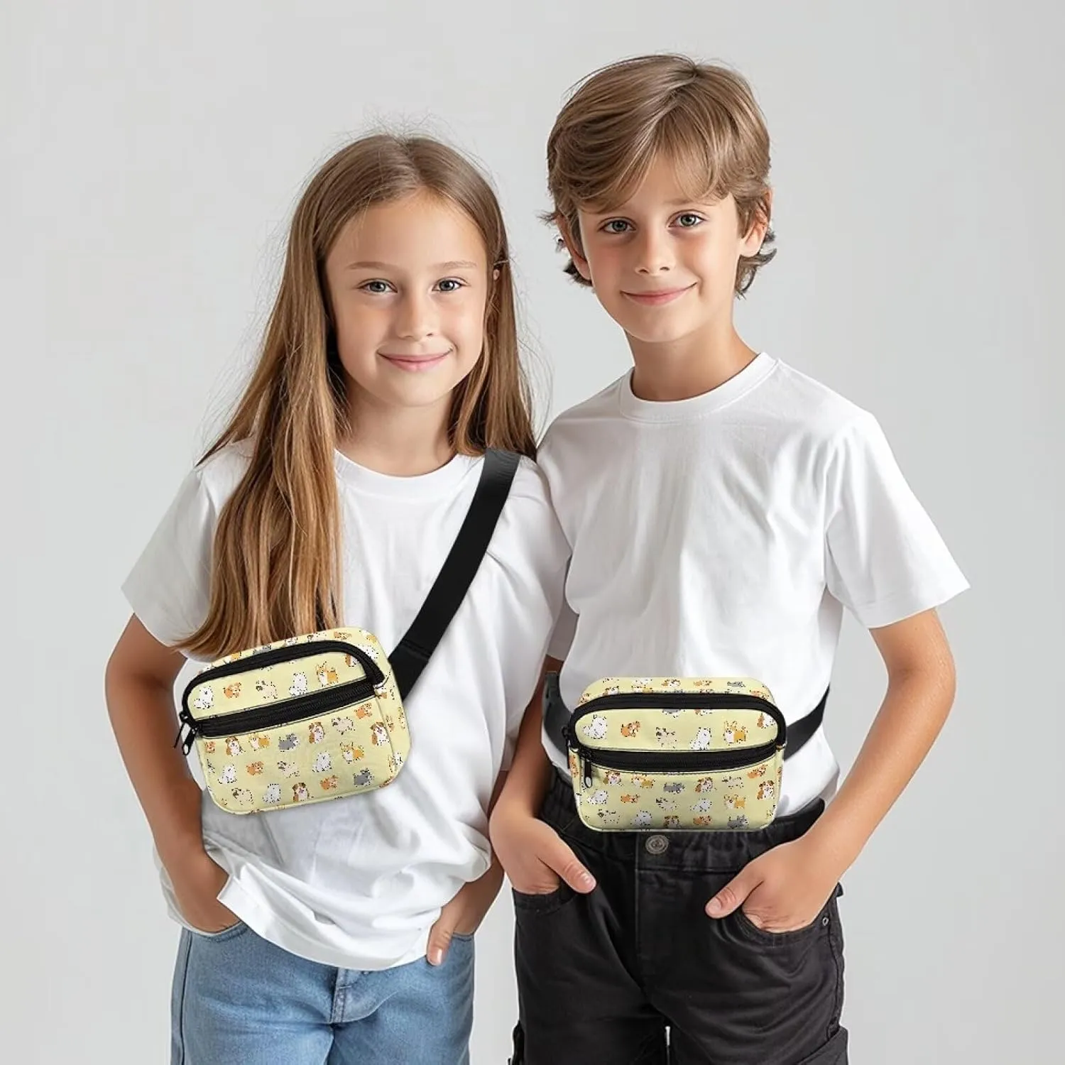 GIFTPUZZ Cute Dogs Kids Waist Packs for Holiday Festival Travel Party Waist Bag anny Pack 2 Pockets Hands Free Belt Bags for Boys
