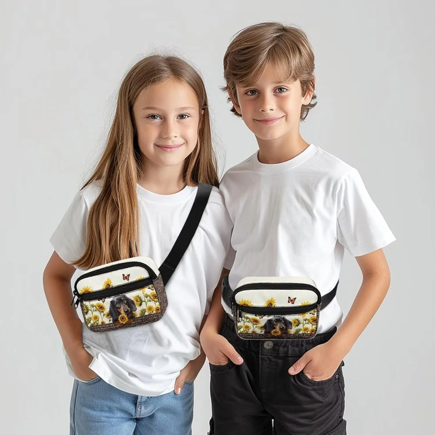 GIFTPUZZ Dachshund Waist Bag with Two Pockets Kids Fanny Pack for Girls School Travel and Sport Crossbody Bag Retro Fanny Pack Cute