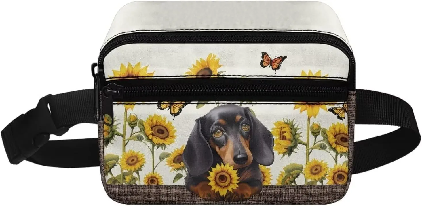 GIFTPUZZ Dachshund Waist Bag with Two Pockets Kids Fanny Pack for Girls School Travel and Sport Crossbody Bag Retro Fanny Pack Cute