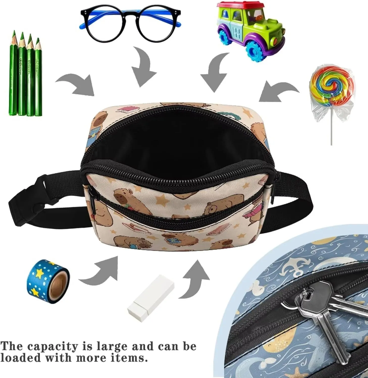 GIFTPUZZ Funny Pack for Kids Capybara Read Book Waist Pack for Sports Games and Travel Cute Crossbody Bag Lightweight Belt Bag with Adjutable Strap Small Wallet Purse