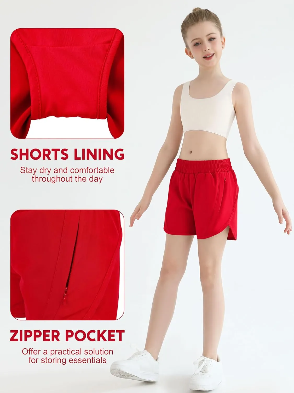 Girls Athletic Shorts Kids High Waisted Active Shorts with Zipper Pockets Running Sports Shorts for Teen Girls