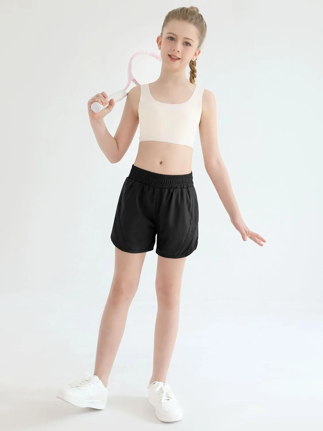 Girls Athletic Shorts Kids High Waisted Active Shorts with Zipper Pockets Running Sports Shorts for Teen Girls