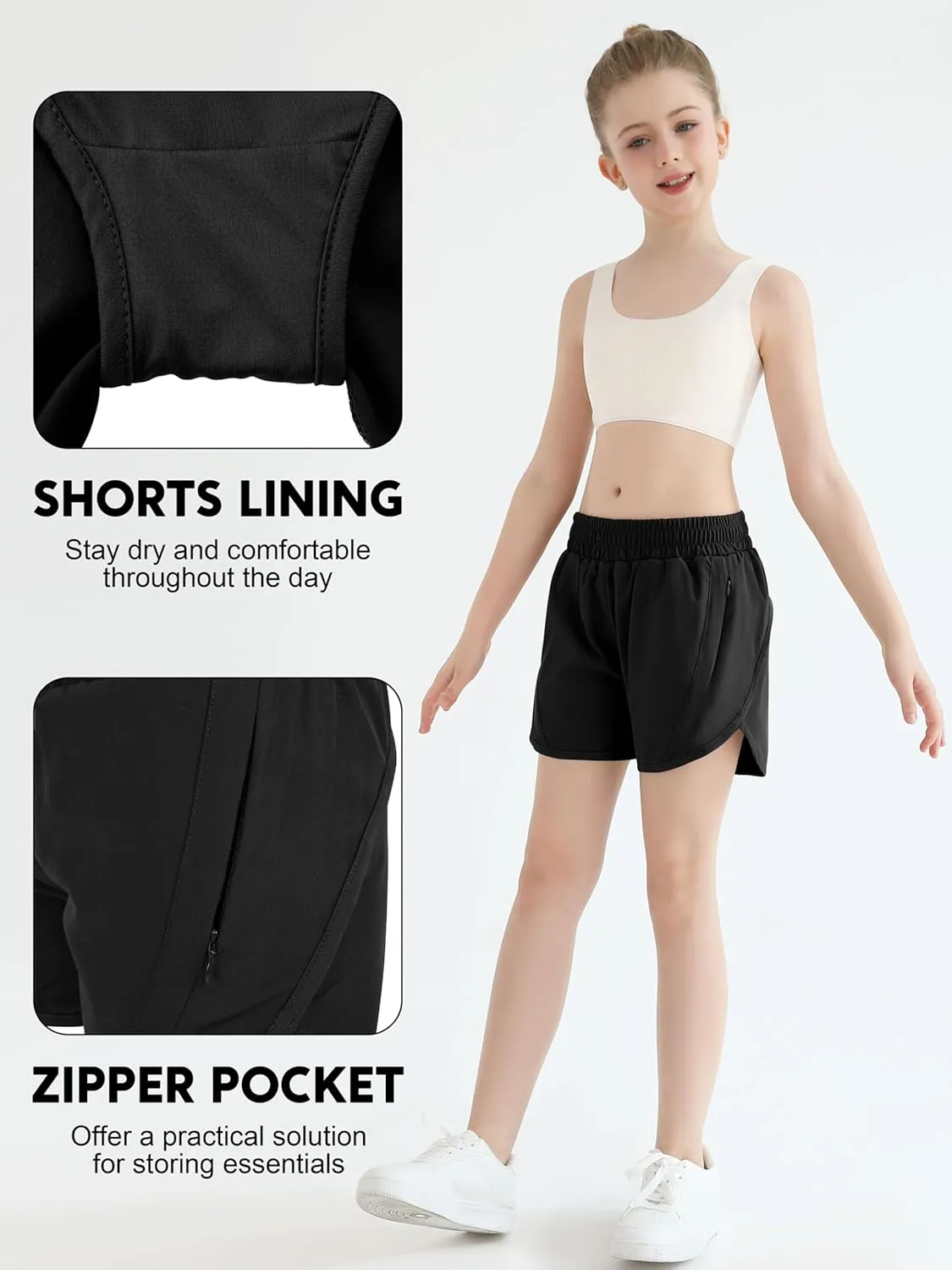 Girls Athletic Shorts Kids High Waisted Active Shorts with Zipper Pockets Running Sports Shorts for Teen Girls