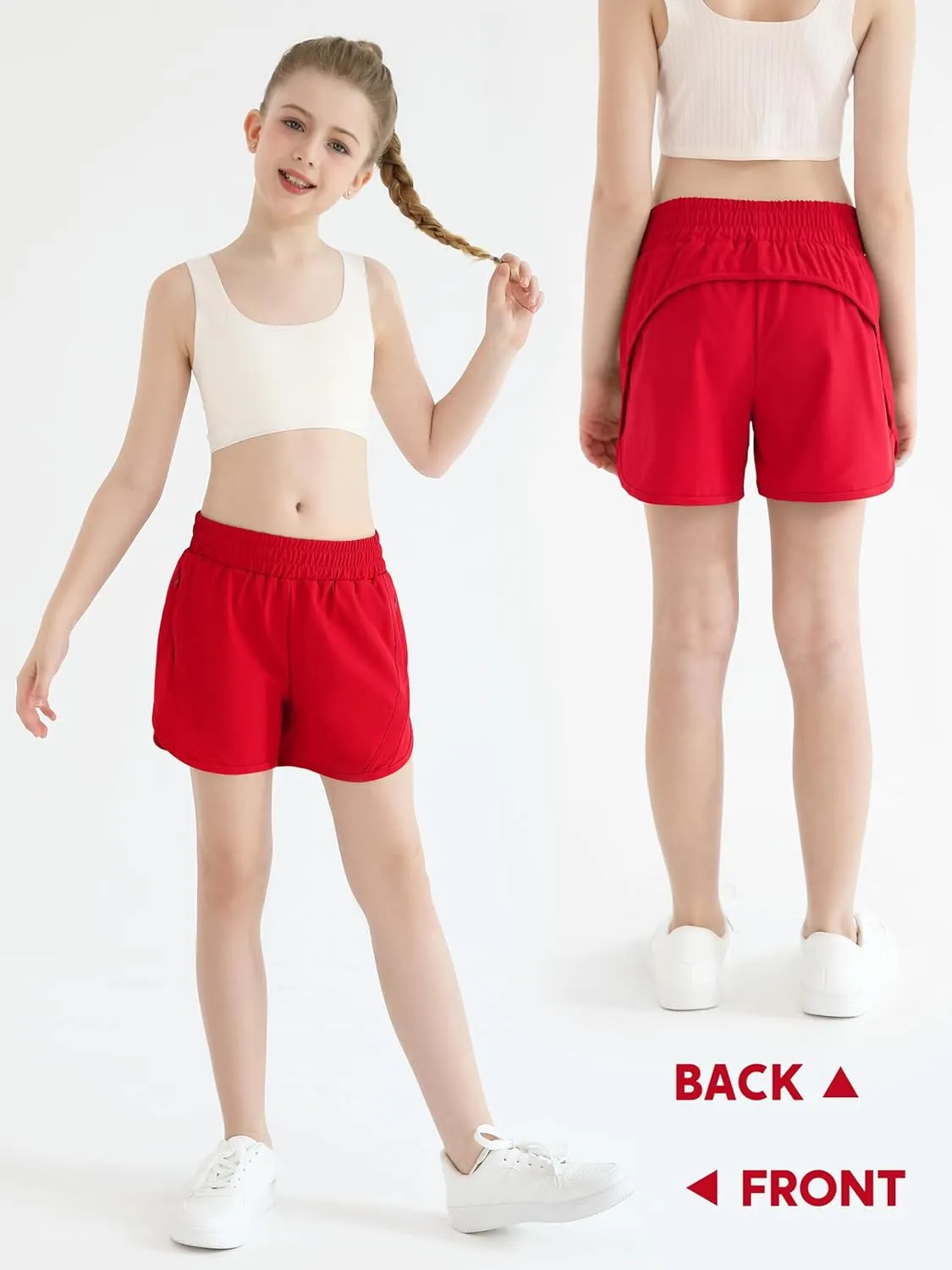 Girls Athletic Shorts Kids High Waisted Active Shorts with Zipper Pockets Running Sports Shorts for Teen Girls