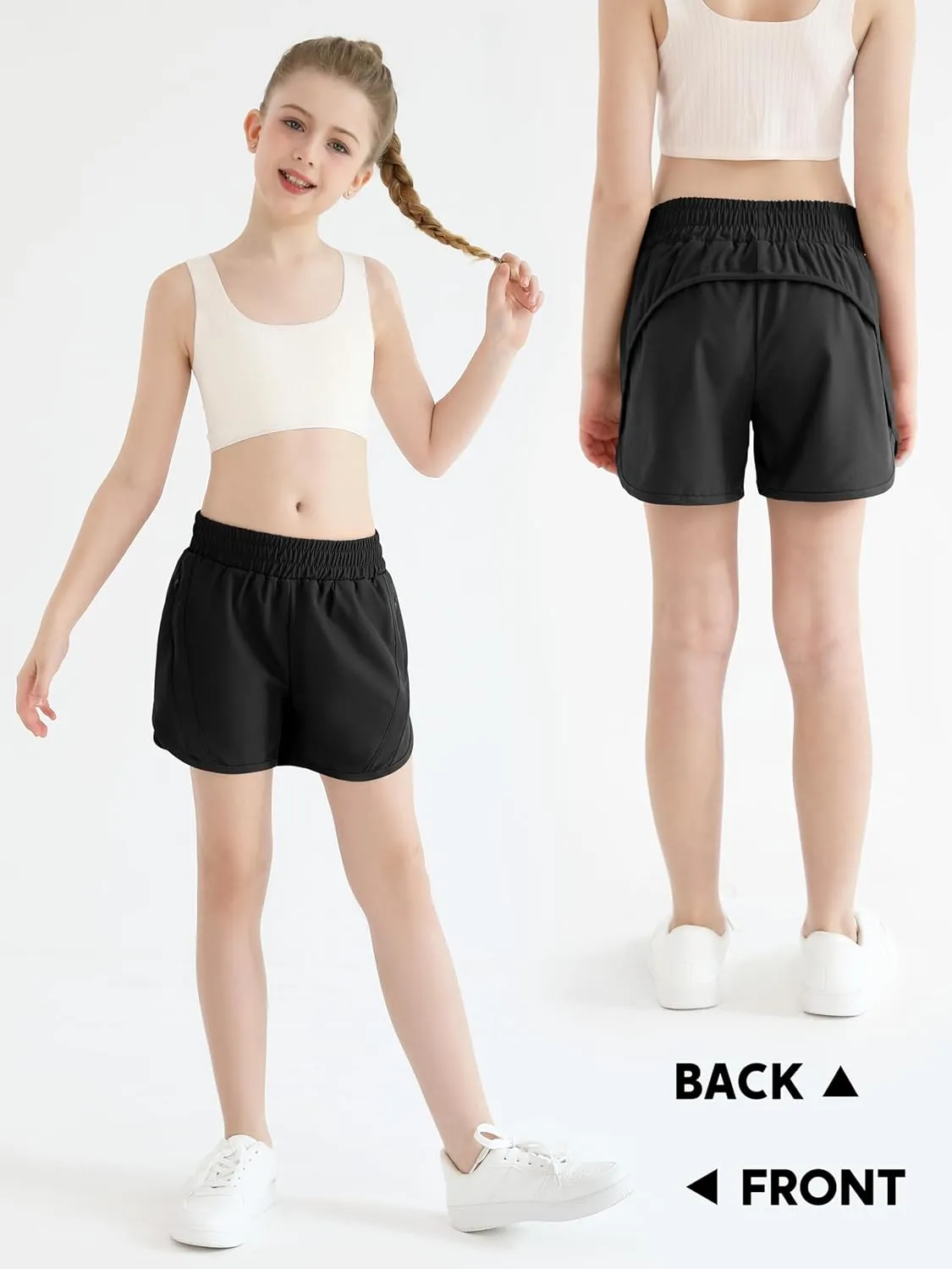 Girls Athletic Shorts Kids High Waisted Active Shorts with Zipper Pockets Running Sports Shorts for Teen Girls
