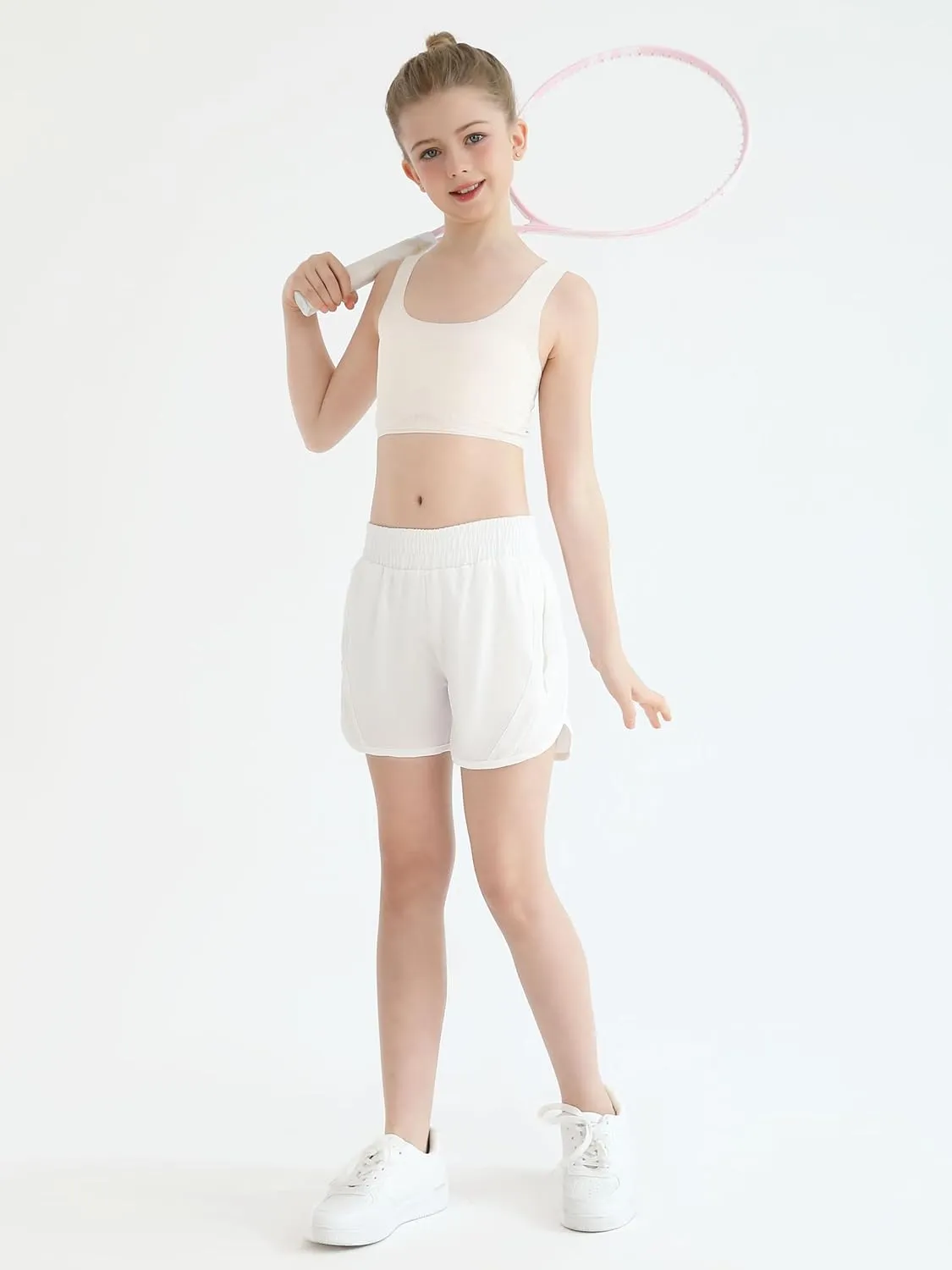 Girls Athletic Shorts Kids High Waisted Active Shorts with Zipper Pockets Running Sports Shorts for Teen Girls