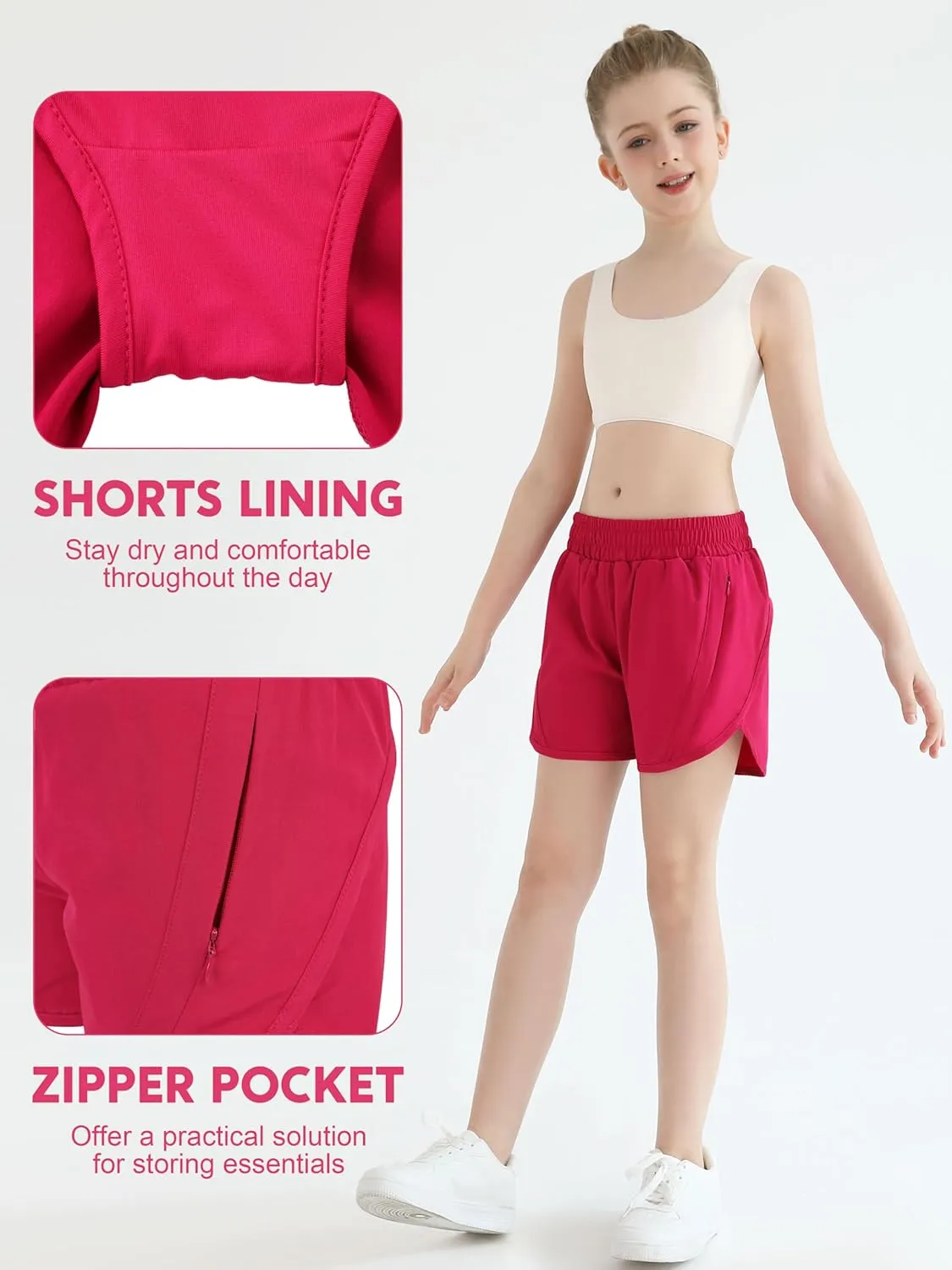 Girls Athletic Shorts Kids High Waisted Active Shorts with Zipper Pockets Running Sports Shorts for Teen Girls