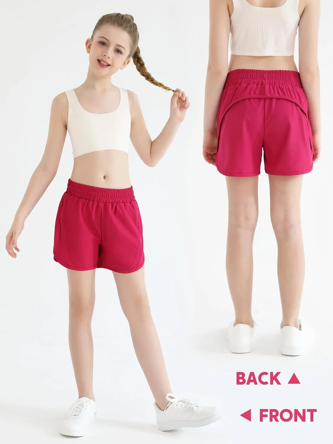 Girls Athletic Shorts Kids High Waisted Active Shorts with Zipper Pockets Running Sports Shorts for Teen Girls