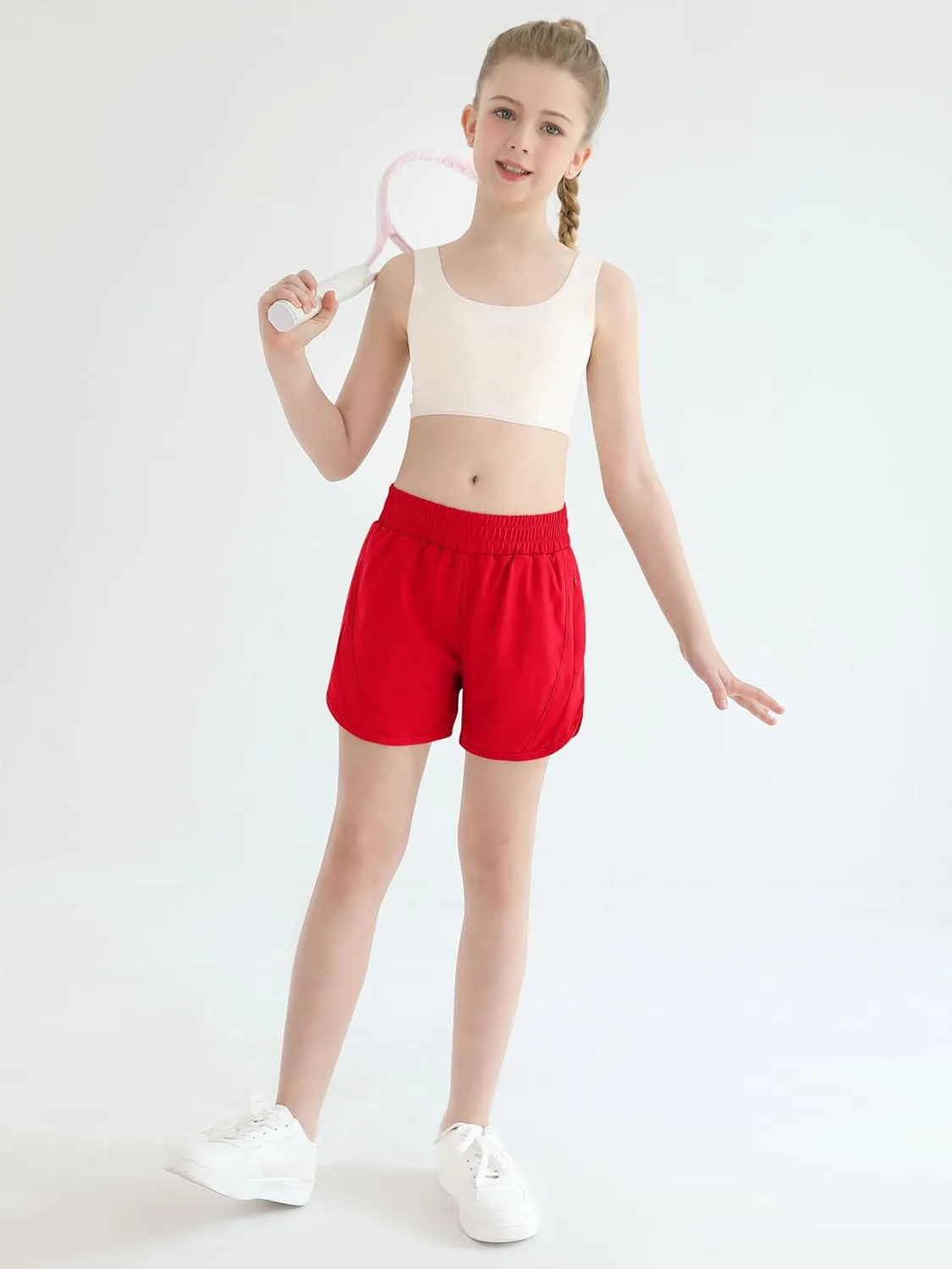 Girls Athletic Shorts Kids High Waisted Active Shorts with Zipper Pockets Running Sports Shorts for Teen Girls