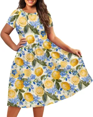 GLUDEAR Women Lemon Summer Fruit Printed Plus Size Scoop Neck Short Sleeve A-Line Beach Swing Dress