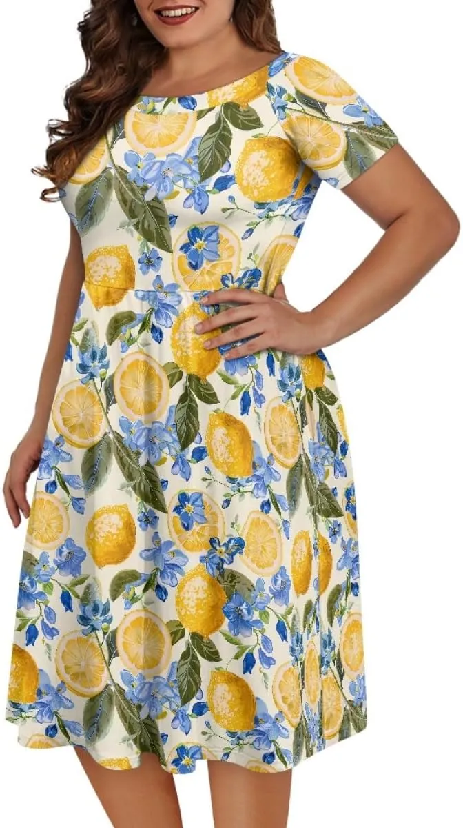 GLUDEAR Women Lemon Summer Fruit Printed Plus Size Scoop Neck Short Sleeve A-Line Beach Swing Dress