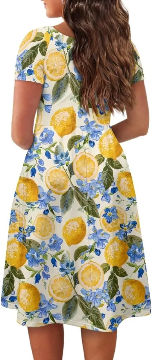 GLUDEAR Women Lemon Summer Fruit Printed Plus Size Scoop Neck Short Sleeve A-Line Beach Swing Dress