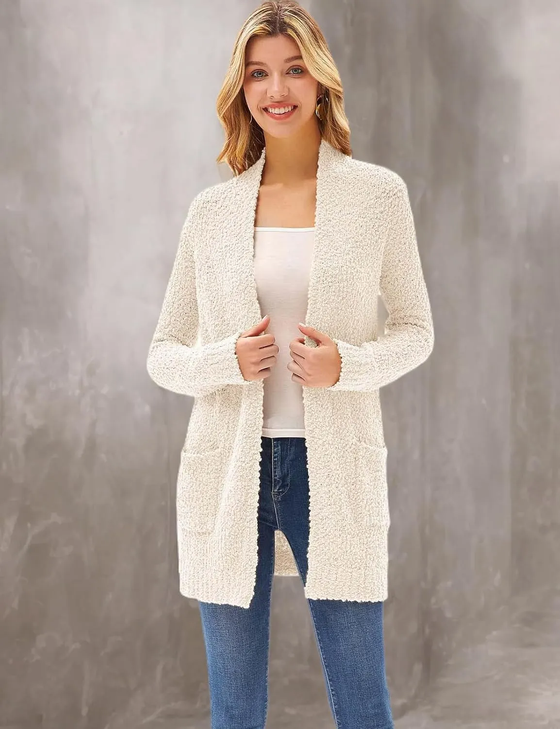 GRACE KARIN Long Cardigan for Women Fuzzy Cardigan Sweater Open Front Chunky Knit Sweater Coat with Pocket