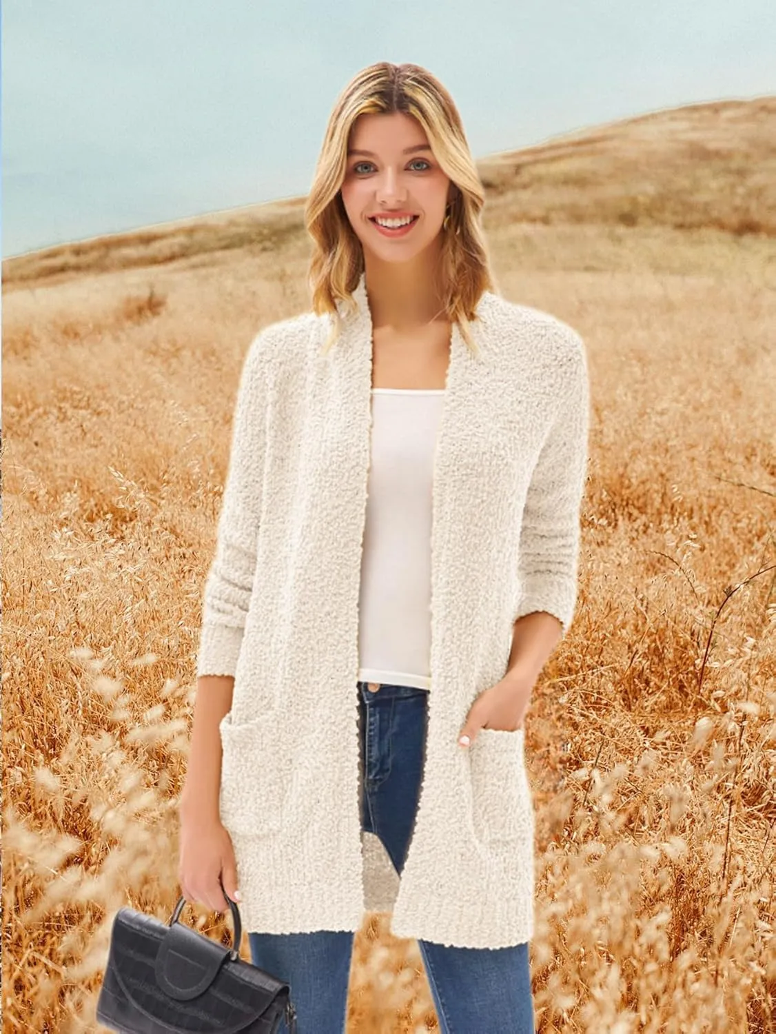 GRACE KARIN Long Cardigan for Women Fuzzy Cardigan Sweater Open Front Chunky Knit Sweater Coat with Pocket