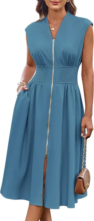 GRACE KARIN Womens Summer Casual Dress V Neck Cap Sleeve Zipper Front Flowy Midi Dress with Pockets