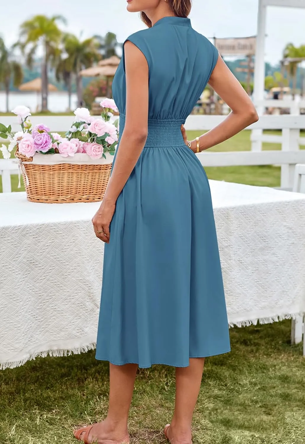 GRACE KARIN Womens Summer Casual Dress V Neck Cap Sleeve Zipper Front Flowy Midi Dress with Pockets