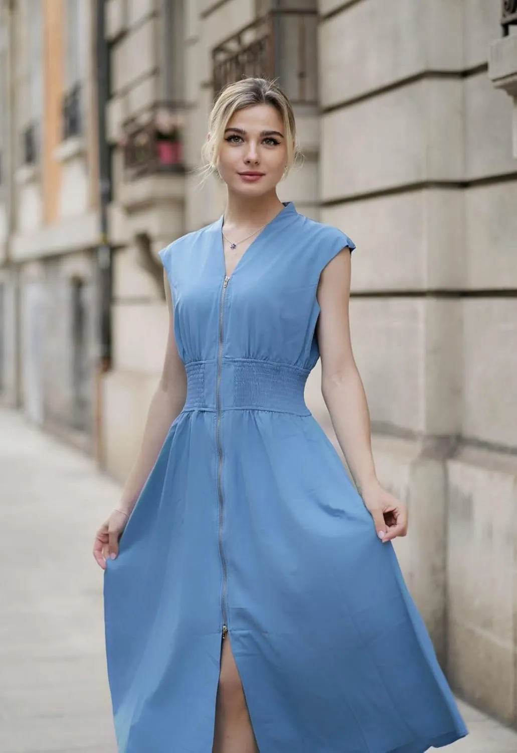GRACE KARIN Womens Summer Casual Dress V Neck Cap Sleeve Zipper Front Flowy Midi Dress with Pockets