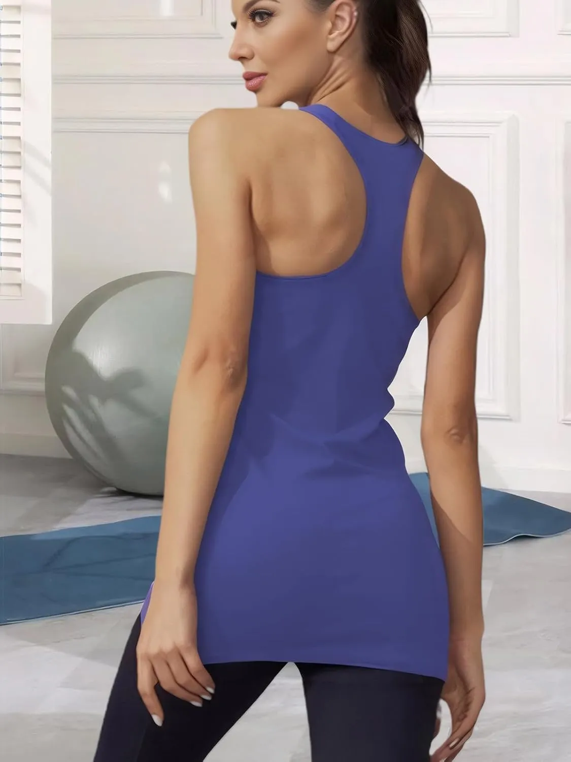 H HIAMIGOS Racerback Long Tank Tops for Women Stretchy Cotton Sleeveless Undershirts Gym Workout Sports Shirts 3 Packs