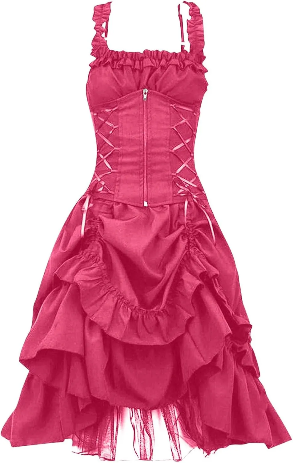 Hallween Gothic Midi Dress for Women Ruffle Trim Straps High Low A Line Criss Cross Corset Dresses Steampunk Costumes