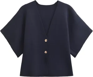 hathne Women's V Neck Short Sleeve Cardigan Sweater Button Down Ribbed Knit Tops