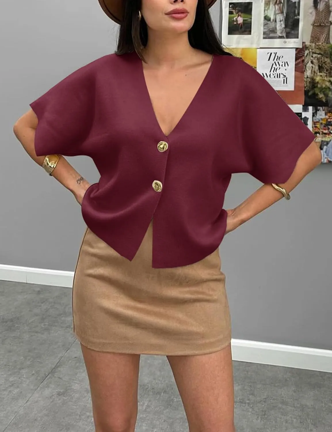 hathne Women's V Neck Short Sleeve Cardigan Sweater Button Down Ribbed Knit Tops