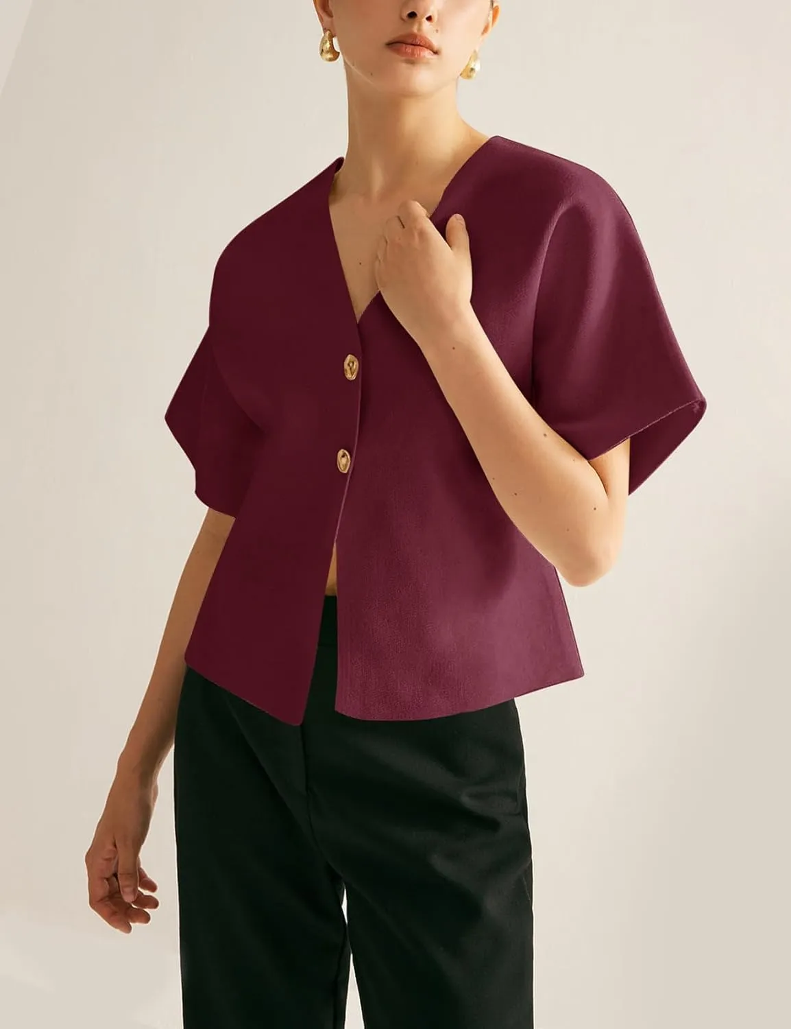 hathne Women's V Neck Short Sleeve Cardigan Sweater Button Down Ribbed Knit Tops