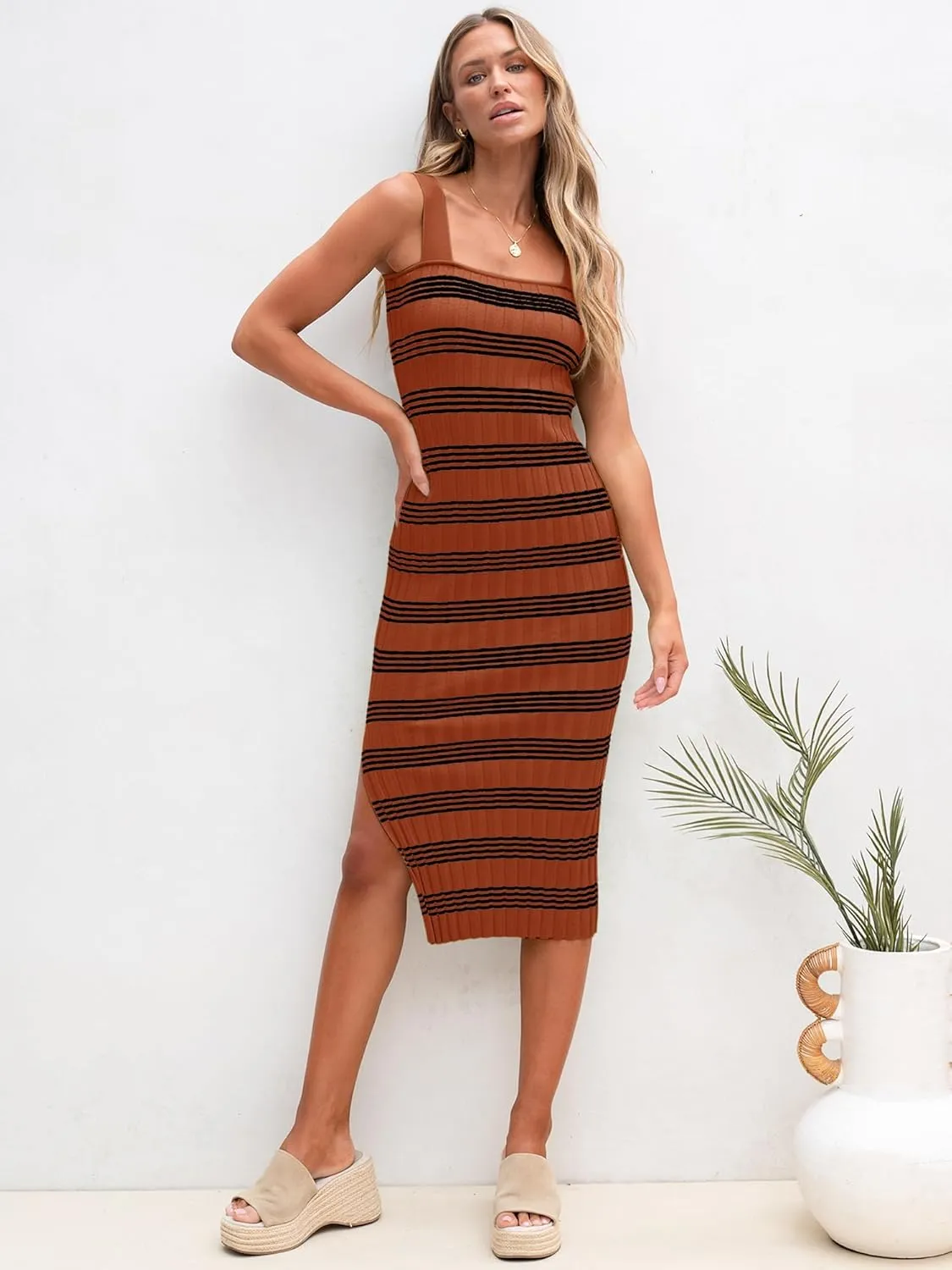 HDLTE Women's Sleeveless Striped Knit Bodycon Midi Dress Square Neck Side Slit Tank Ribbed Sweater Dresses