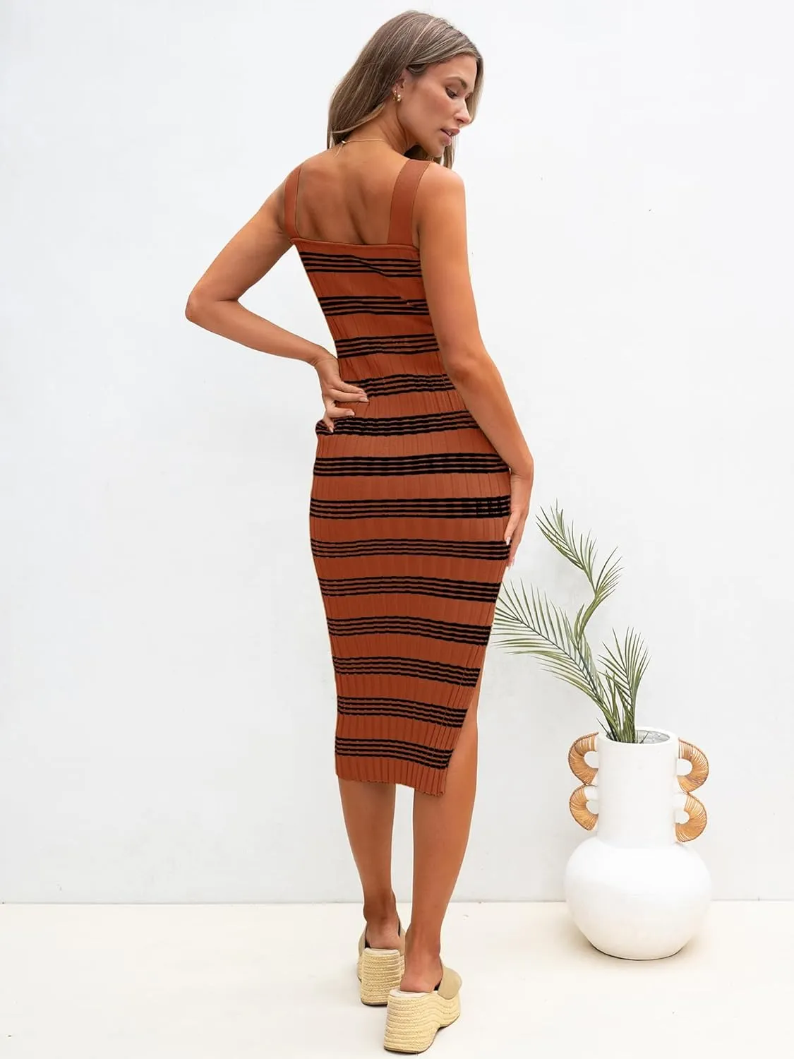 HDLTE Women's Sleeveless Striped Knit Bodycon Midi Dress Square Neck Side Slit Tank Ribbed Sweater Dresses