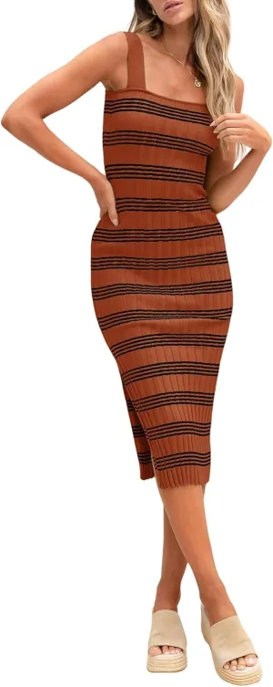 HDLTE Women's Sleeveless Striped Knit Bodycon Midi Dress Square Neck Side Slit Tank Ribbed Sweater Dresses