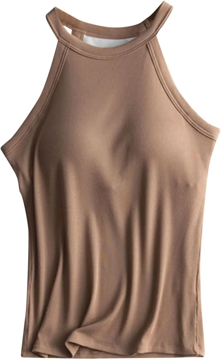 Heevina Tank Tops With Built In Bras For Women Halter Camisole Spaghetti Strap Cami Shelf Bra Vest Undershirts Shirt