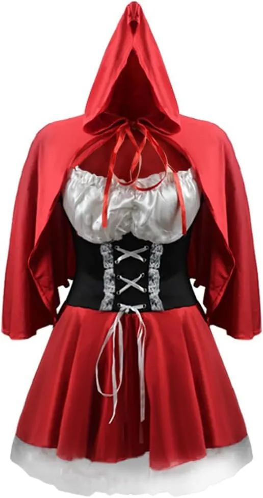 HGps8w Adult Women's Little Red Riding Hood Costumes Sexy Maid Outfit for Halloween Cosplay Party Accessory (Dress & Cloak)