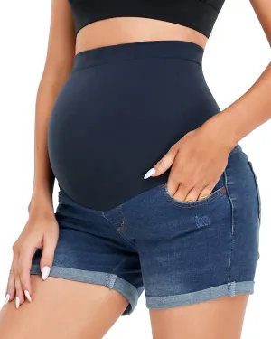 HOFISH Women's Maternity Denim Shorts Over The Belly Stretchy Comfy Jean Shorts Pants Casual Workout Pregnancy Shorts