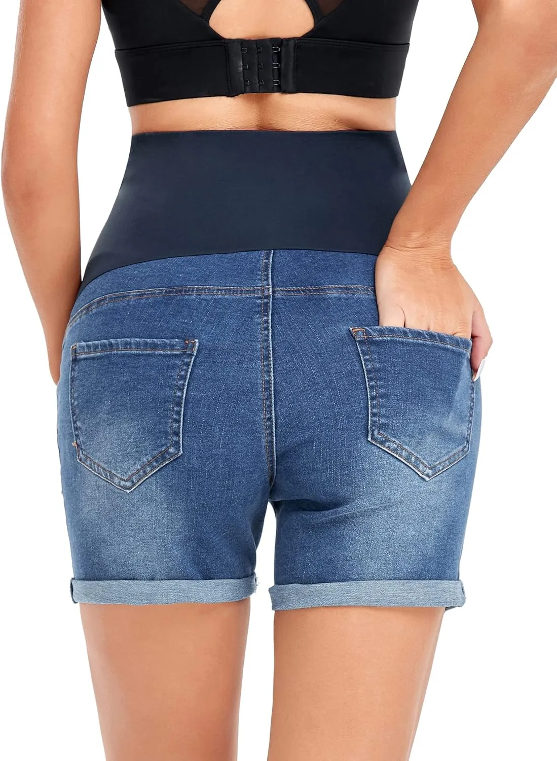 HOFISH Women's Maternity Denim Shorts Over The Belly Stretchy Comfy Jean Shorts Pants Casual Workout Pregnancy Shorts