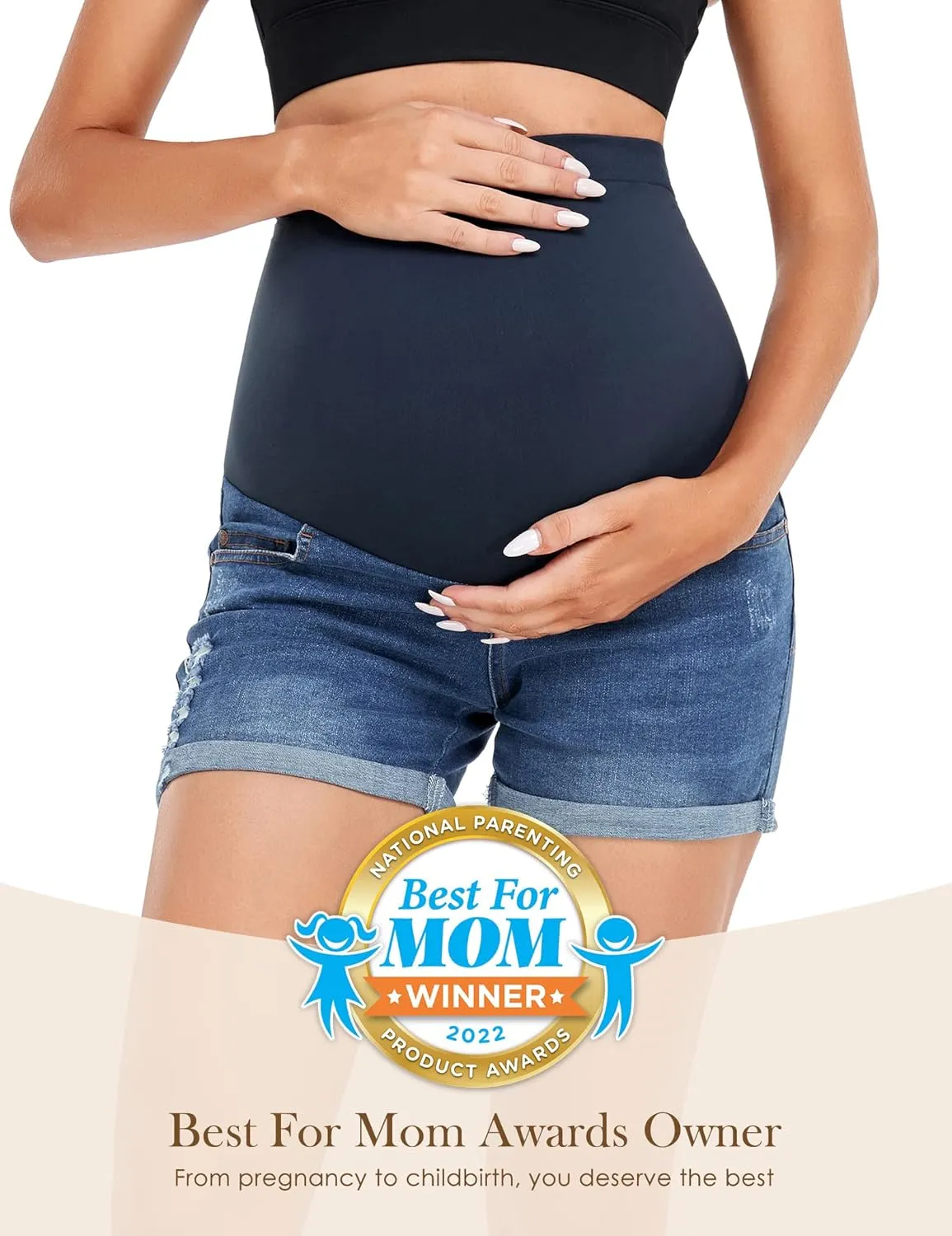 HOFISH Women's Maternity Denim Shorts Over The Belly Stretchy Comfy Jean Shorts Pants Casual Workout Pregnancy Shorts