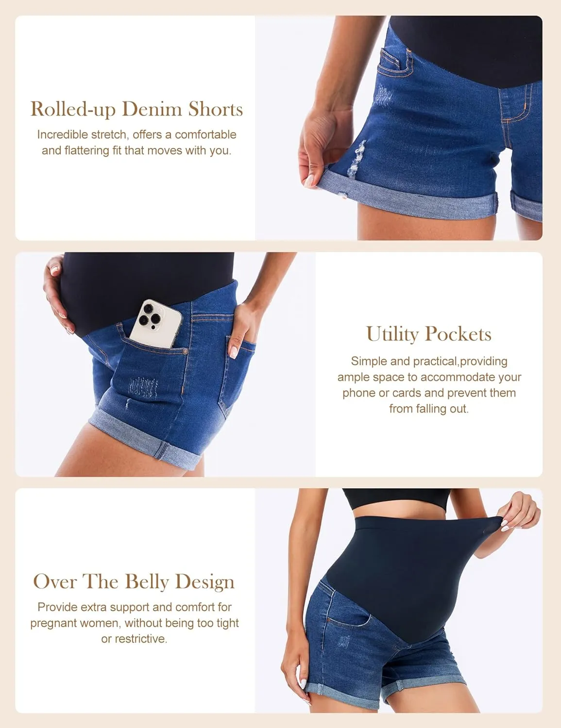 HOFISH Women's Maternity Denim Shorts Over The Belly Stretchy Comfy Jean Shorts Pants Casual Workout Pregnancy Shorts