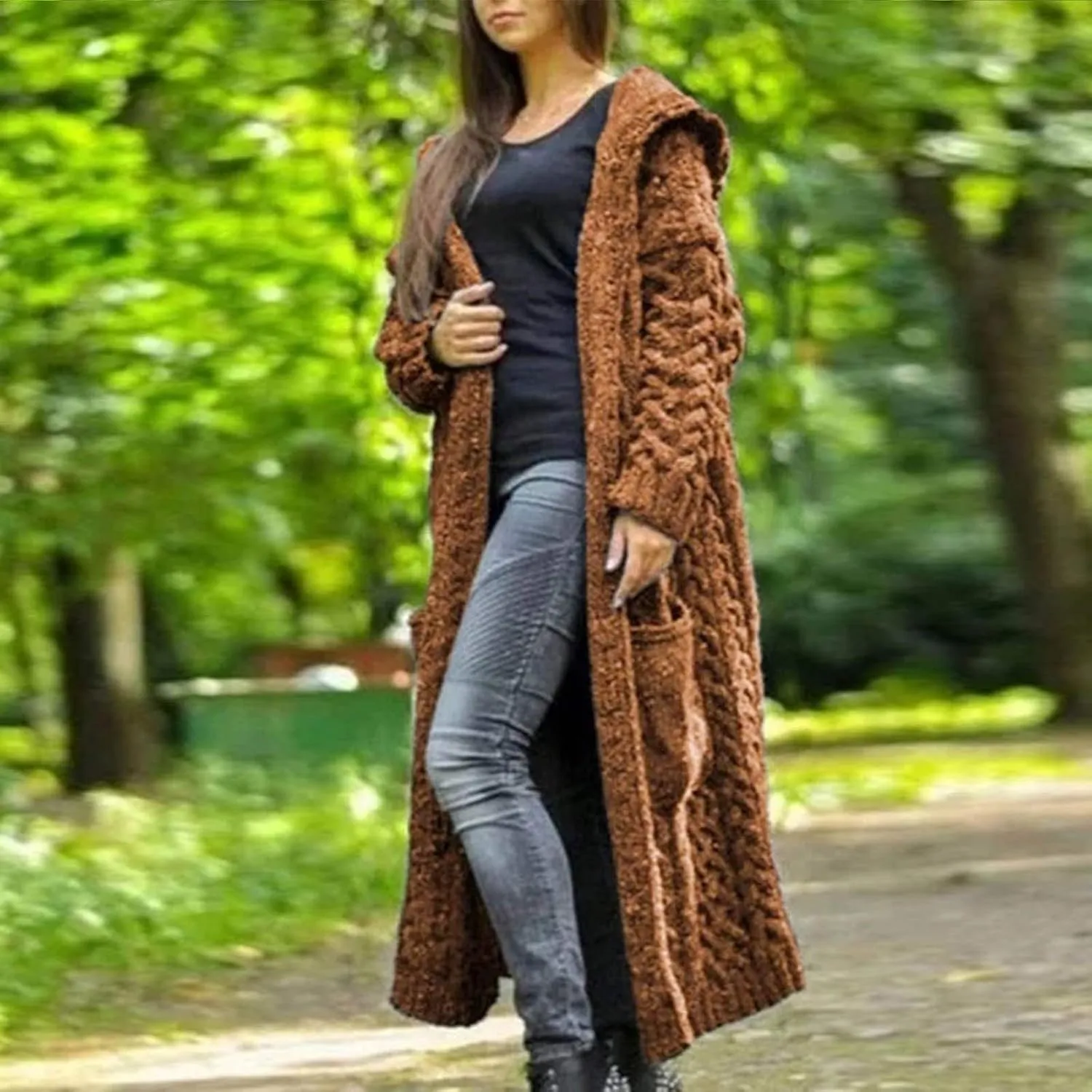 Hooded Cardigan for Women Oversized Plush Knit Long Cardigans Long Sleeve Fall Winter Sweater Coats with Pockets