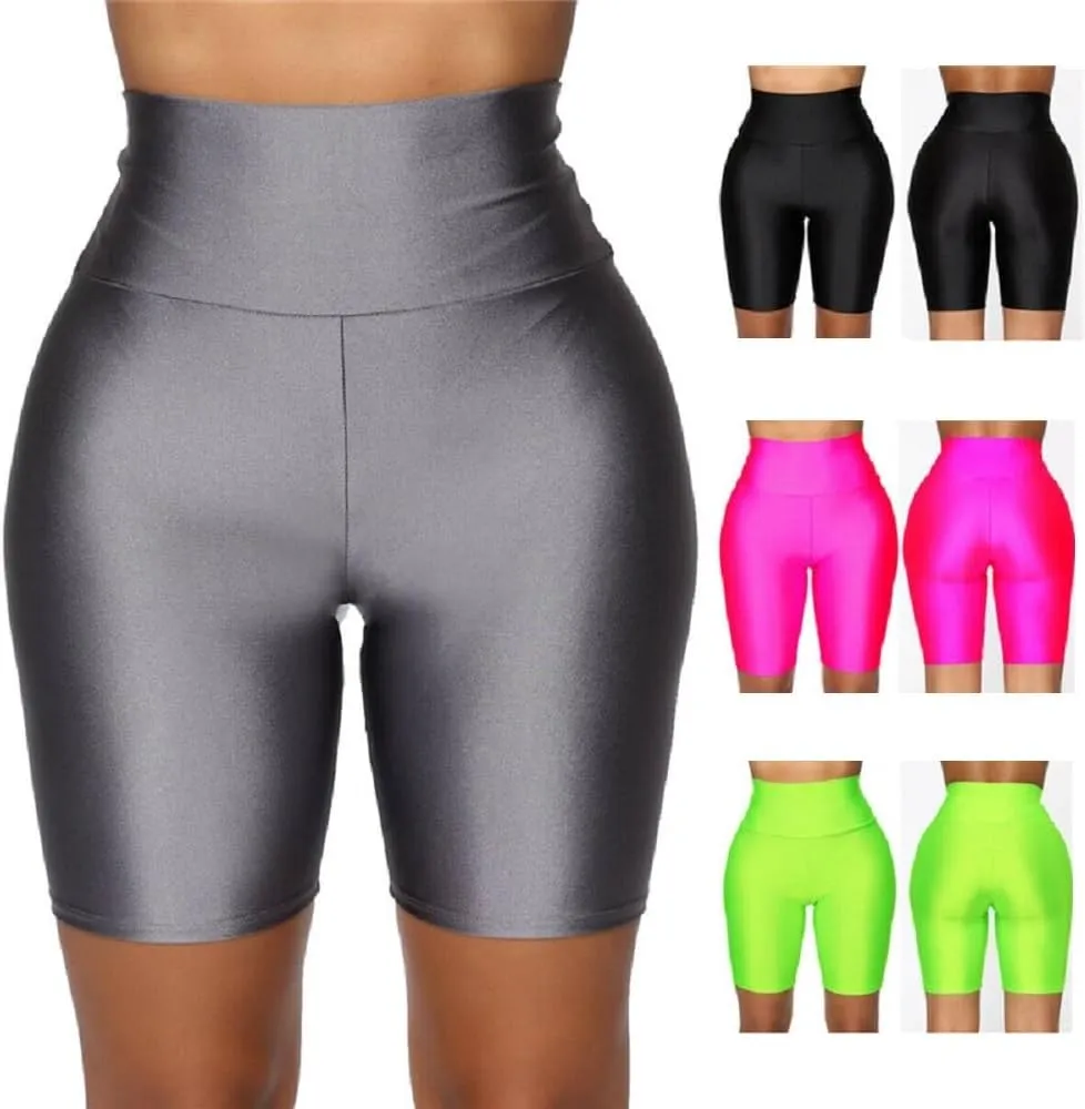 Hupplle Women's Neon Shiny Biker Shorts High Waisted Stretchy Athletic Cycling Shorts Workout Running Active Shorts